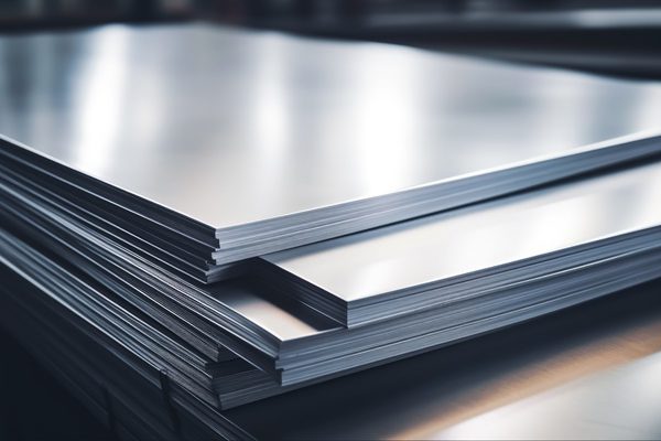 Edelstahlbleche Gestapelte Metallbleche mit glatter, reflektierender Oberfläche.