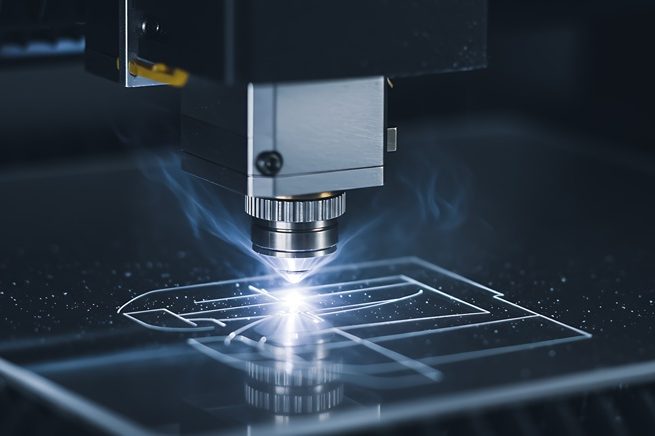 Lasergravur Lasergravurmaschinenspitze, die ein Muster auf ein Material schneidet.